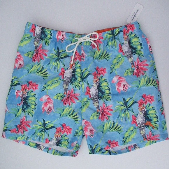 Tropical Floral with Macaw Parrots Hibiscus and Palm Leaves Mens Swim Trunks Board Beachwear Casual Beach Shorts for Men